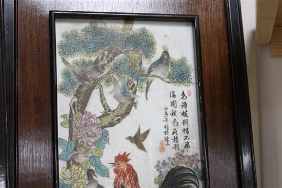 A pair of Chinese porcelain panels, painted with birds and inscribed, 73cm x 18cm